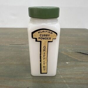 Vintage Griffith's Curry Powder 3/4 oz spice Jar White Milkglass jar Green lid
